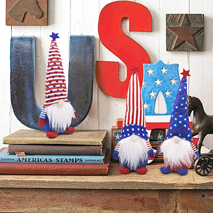 3-Piece Set: Patriotic Gnome Plush Standing Statues